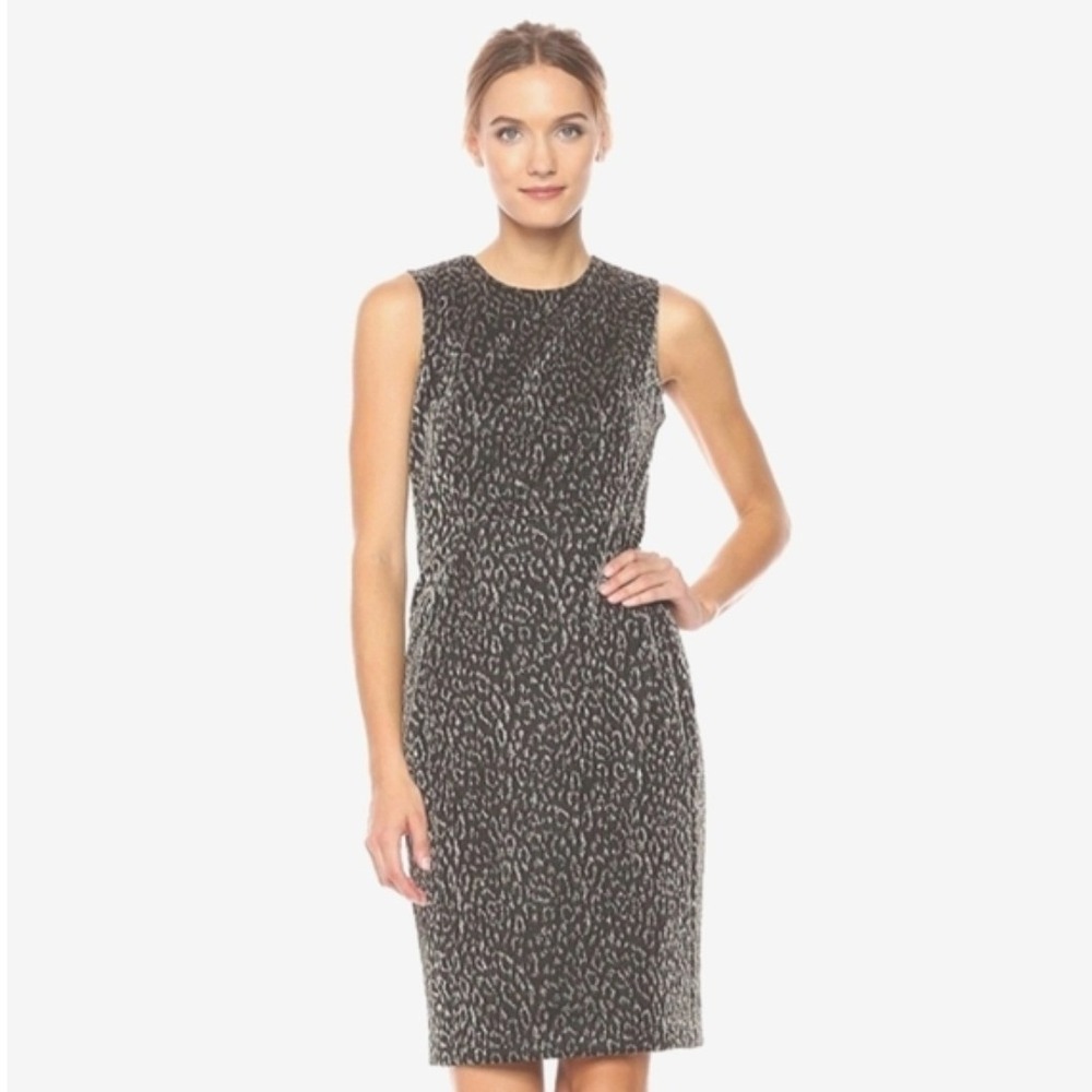Calvin Klein NWT Womens Metallic Leopard Sheath Dress Black‎ Silver Size 10